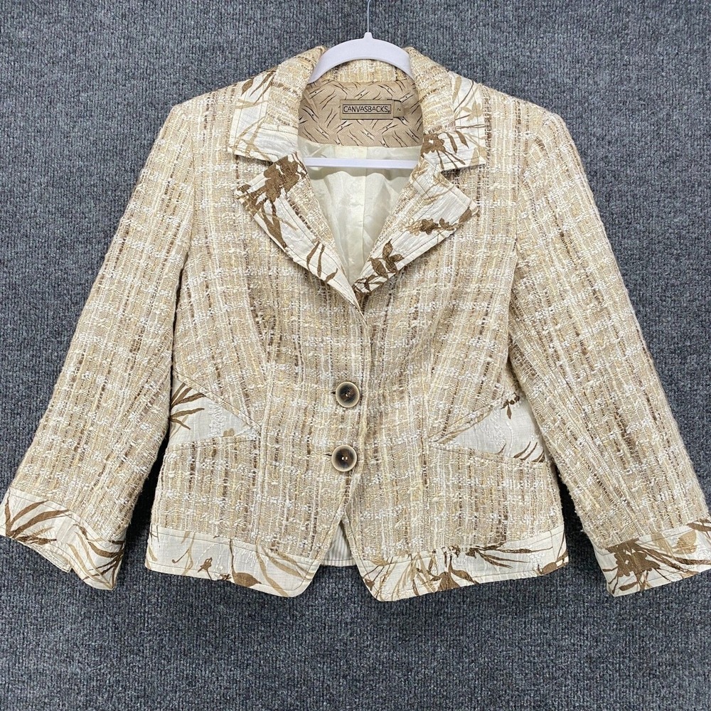 Canvas Backs Blazer Jacket Womens 2 Linen Tweed Button Up old Money Quiet Luxury